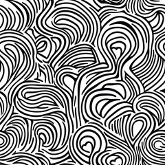 A black and white abstract pattern featuring flowing lines and curvy shapes, creating a sense of movement and depth. Seamless pattern design