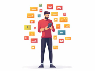 Flat vector illustration of consumer smartphone mobile payment glowing discount icons consumerism digital finance business advertising copy space