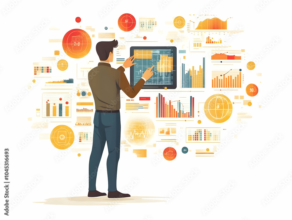 Poster flat digital art businessman touching virtual screen financial icons concept soft abstract image int