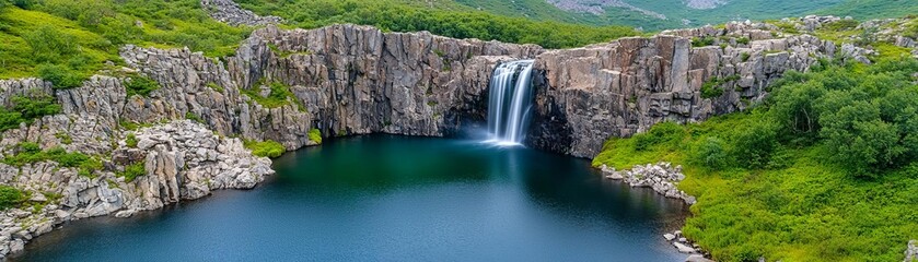 Fototapeta premium Tall waterfall cascading into a deep, emerald green pool, surrounded by towering cliffs and lush green trees, creating a sense of grandeur and peace