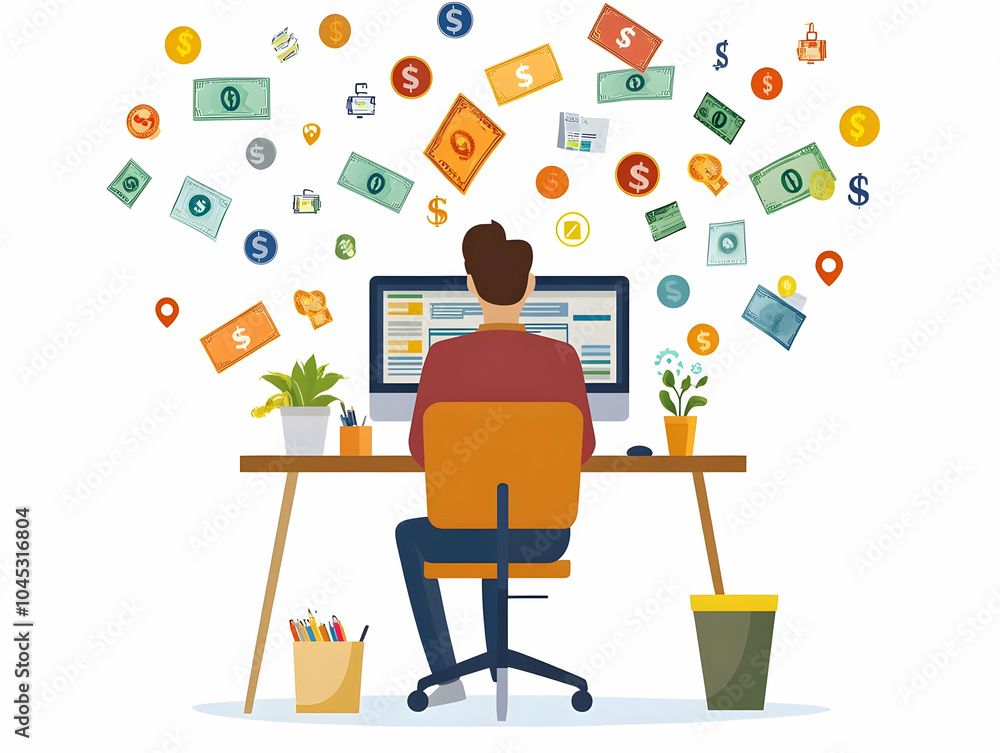 Poster flat employee working on computer with currency symbols and discount icons | digital financial manag