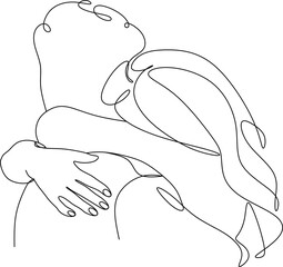 One continuous, single line  drawing of a woman and a man. Hugs of a young couple, lovers, woman and man.  Romantic.