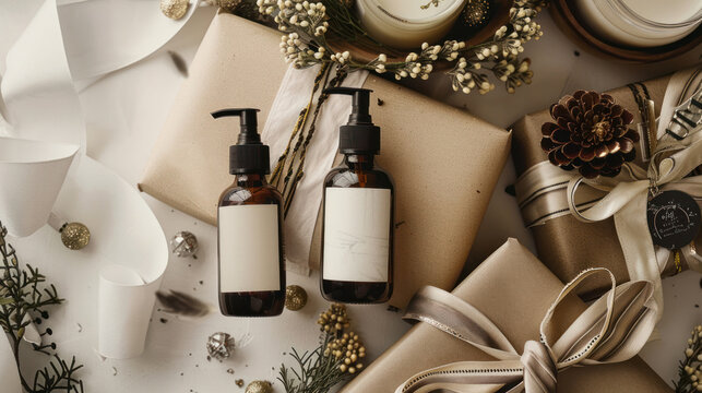 A luxurious body care gift set placed next to eco-friendly wrapping paper and decorative ribbons