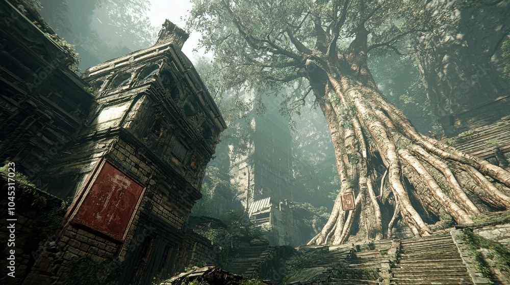 Poster towering banyan tree surrounded by ancient structures