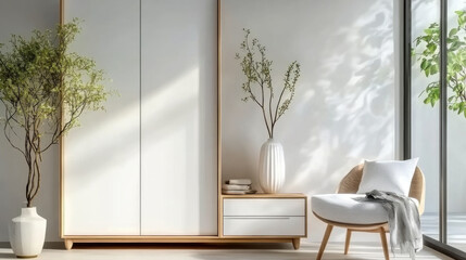 White wooden scandinavian style interior design of modern bedroom