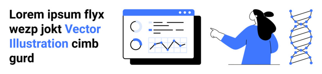 A woman analyzes data on a screen with graphs alongside a DNA helix. Ideal for science education medical research data analysis technology presentations and genetic studies. Banner for landing page