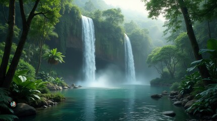 Fototapeta premium Waterfall in forest tropical landscape with green trees and lake in the jungle