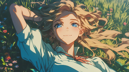 close up long hair anime woman lying on grass