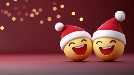 Two yellow Christmas emojis with santa hat on red background.	