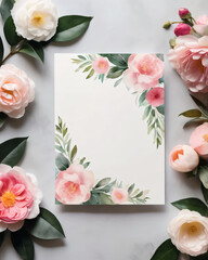 A blank wedding invitation adorned with a watercolor floral frame