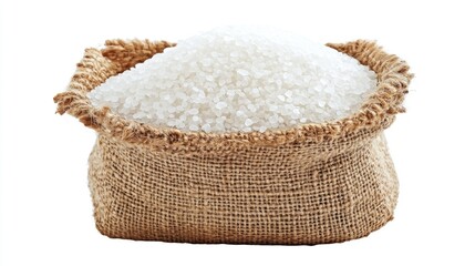 A burlap sack filled with coarse white salt, commonly used in cooking and food preservation.