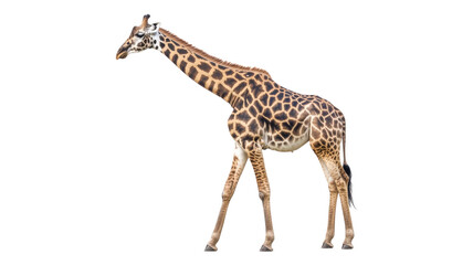 Fototapeta premium A giraffe walks gracefully in a natural habitat during daylight in the savannah, showcasing its distinct patterns and towering height.