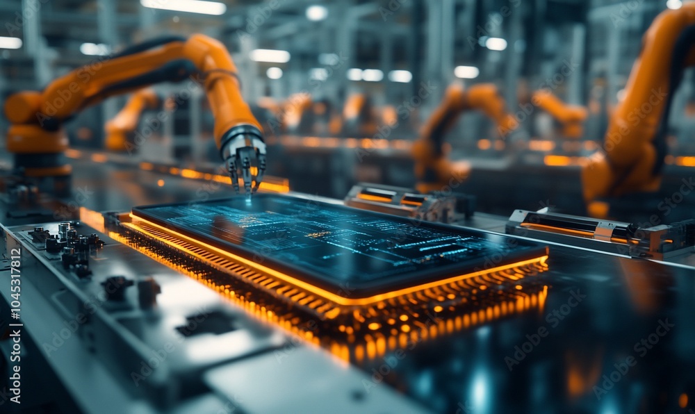 Fototapete A robotic arm in a factory setting assembles a circuit board, representing the automation of technology.