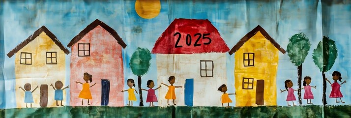Childrens Drawing of Houses and People Symbolizing Hope for the Future with Year 2025.