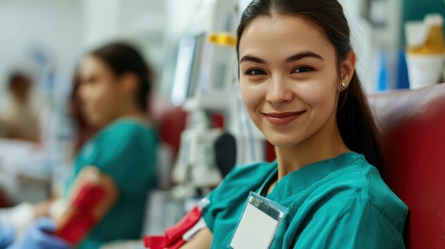 A smiling young woman in a green medical uniform sits in a clinical setting, conveying positivity during a blood donation process.