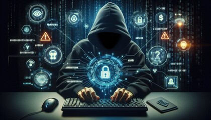 Fototapeta premium Cyber Hacker Using AI-Driven Tools: Exploring the Role of Artificial Intelligence in Digital Security Breaches, Cyber Threats, and Automated Hacking in Dark Web Environments