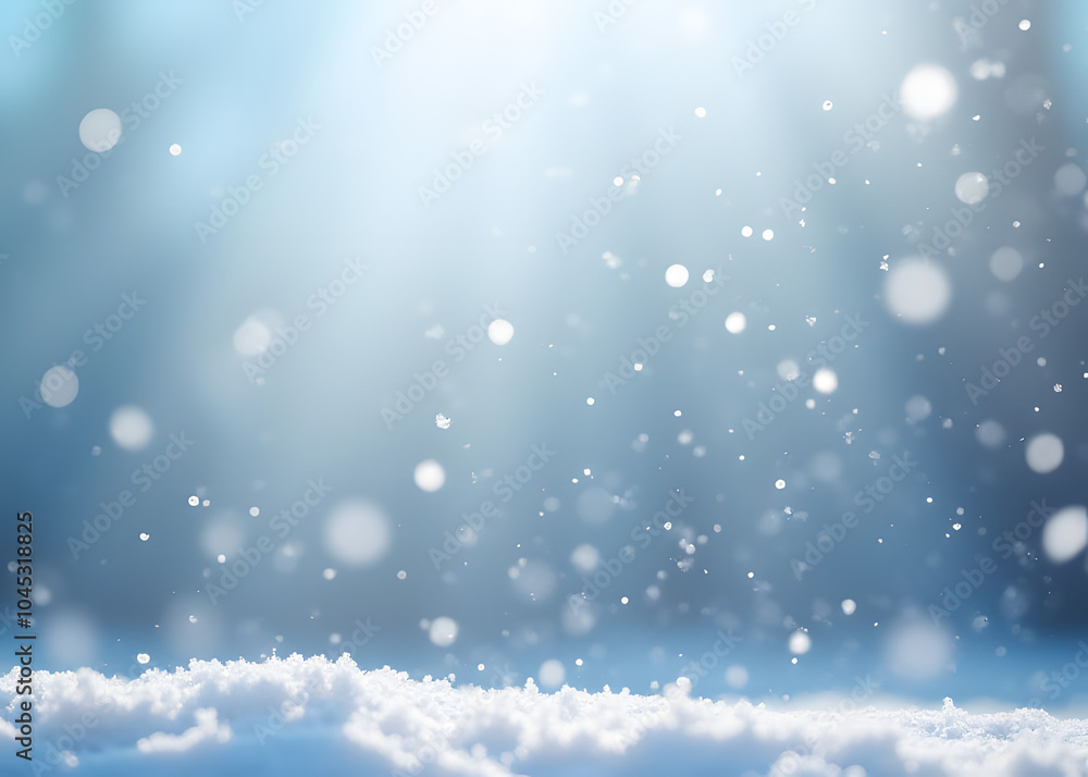 Poster snowflakes fall against a serene winter scene with soft light, delicate bokeh circles, and a clean b