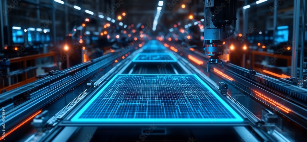 Aufkleber A robotic arm moves a blue glowing square screen down an automated assembly line.
