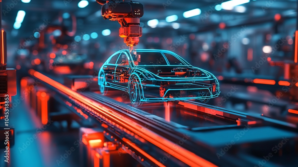 Aufkleber A robotic arm is assembling a car on an assembly line. The car is represented as a wireframe model, suggesting the use of advanced technology and automation in modern manufacturing.