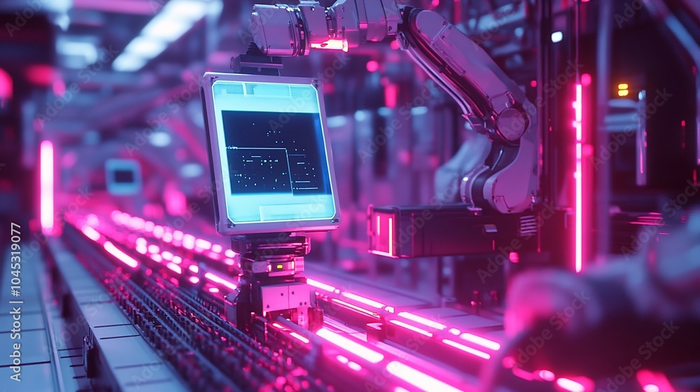 Aufkleber a robotic arm operates on a conveyor belt in a futuristic factory.