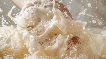 Fototapeta premium A luxurious, creamy body wash being applied with a loofah, with rich foam and soft skin in focus