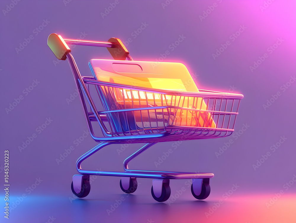 Aufkleber flat holographic credit card floating above glossy shopping cart image with ample copy space for mod