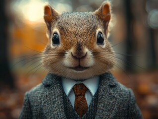 Close-up of an anthropomorphic squirrel in a fitted suit, showcasing diligence and innovation for tech and creative industries. Detailed view of suit and squirrel.