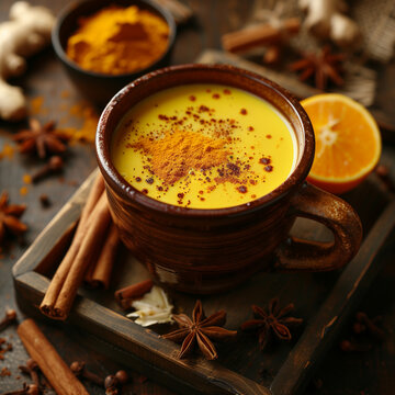 Warm turmeric latte with spices and orange on rustic table