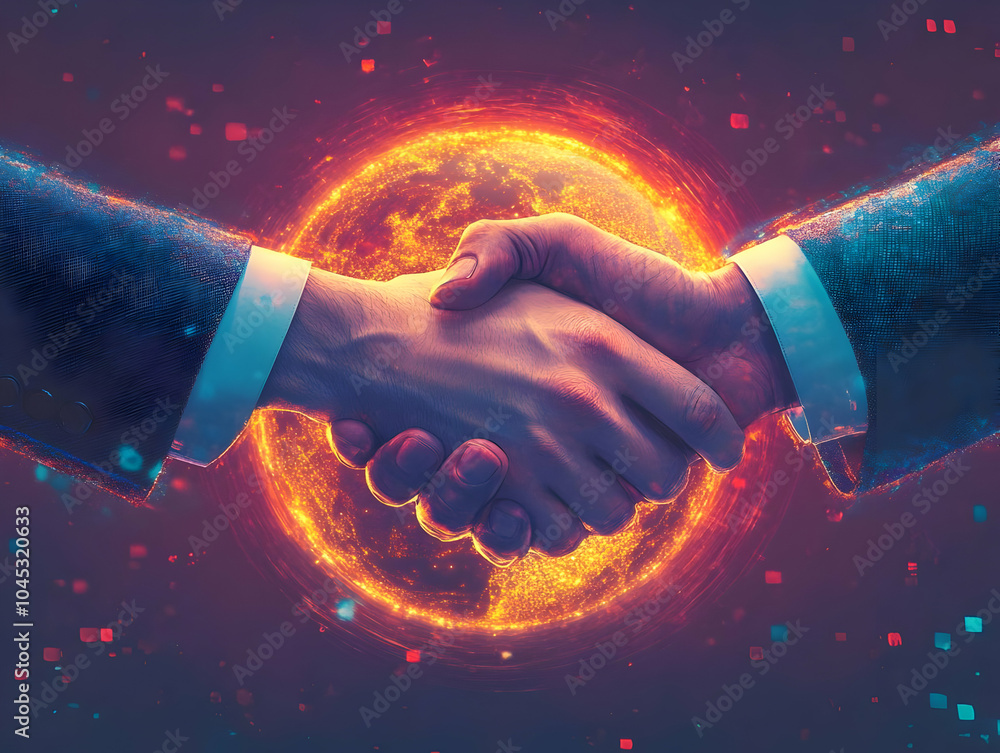 Poster flat holographic handshake projected above glossy globe with copy space - vector illustration repres