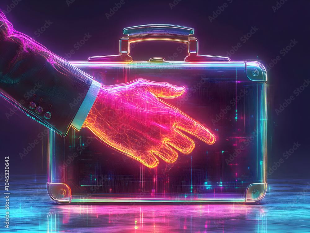 Poster flat holographic handshake over glowing briefcase image for business agreements, high-resolution vec