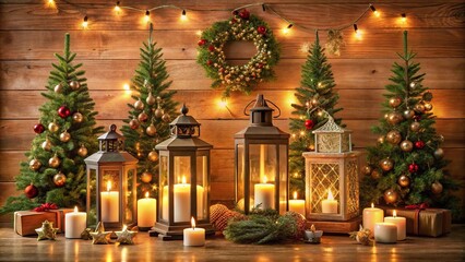 Christmas still life with lanterns, Christmas tree, candles, decorations