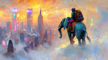 Majestic Elephant Overlooking Futuristic Cityscape