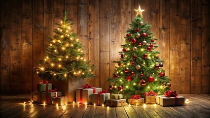 Christmas tree and gifts on wooden background and floor with glowing lights