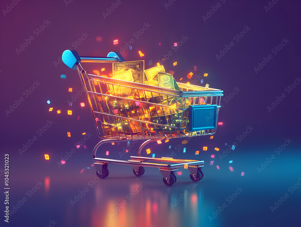 Poster flat holographic shopping cart emitting currency symbols glossy background artistic image modern com