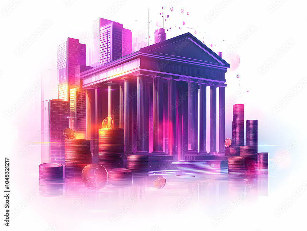 Poster holographic stack of coins floating above glossy bank building in vector illustration - artistic rep