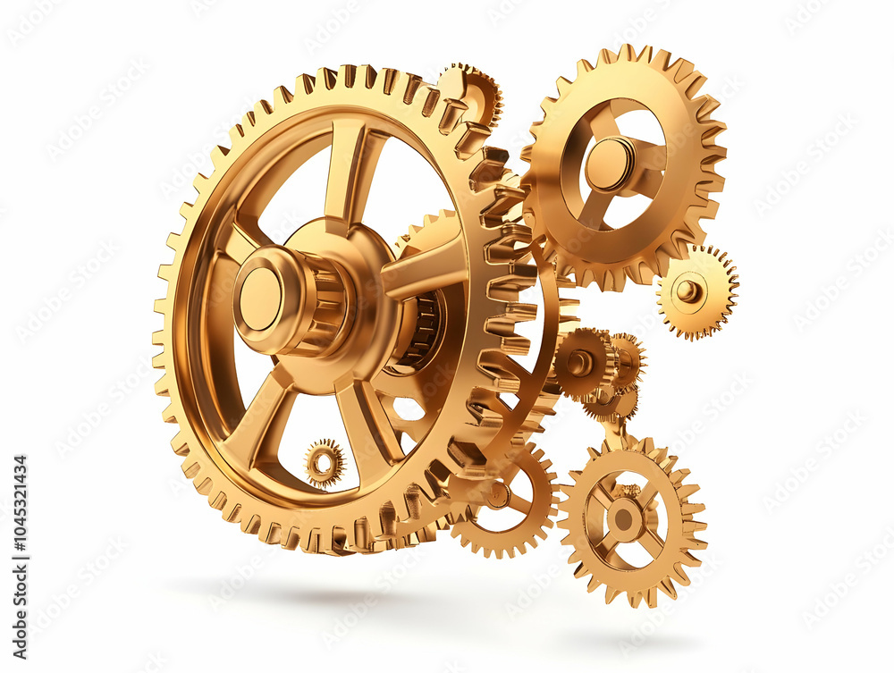 Poster flat levitating golden gears efficient business processes high-quality interlocking gears image whit