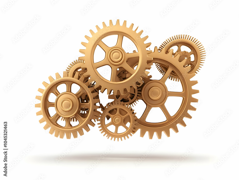 Poster flat levitating golden gears symbolizing efficient business processes, teamwork, intricate details i