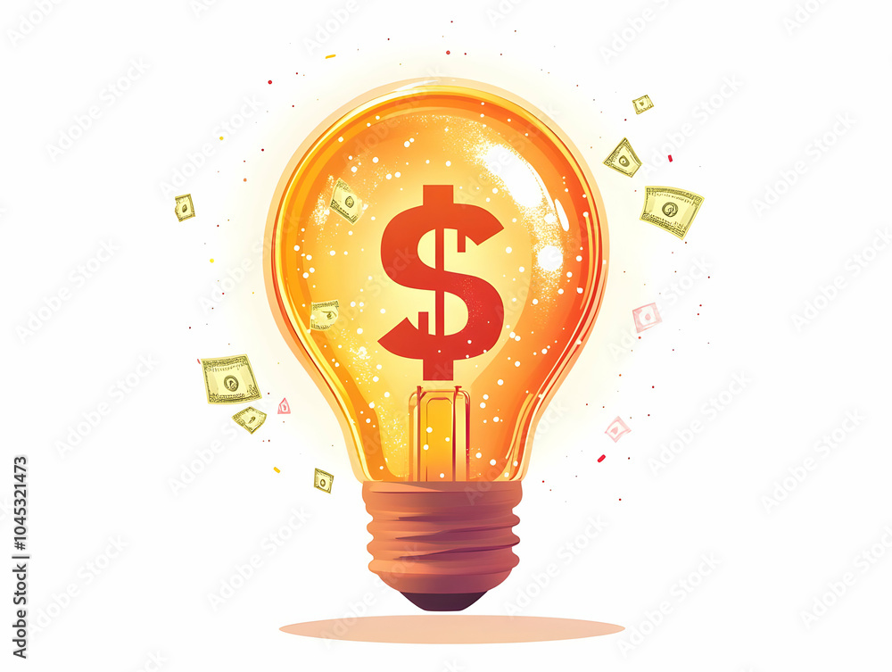 Poster flat levitating lightbulb with dollar signs inside symbolizing innovative financial ideas in simple 