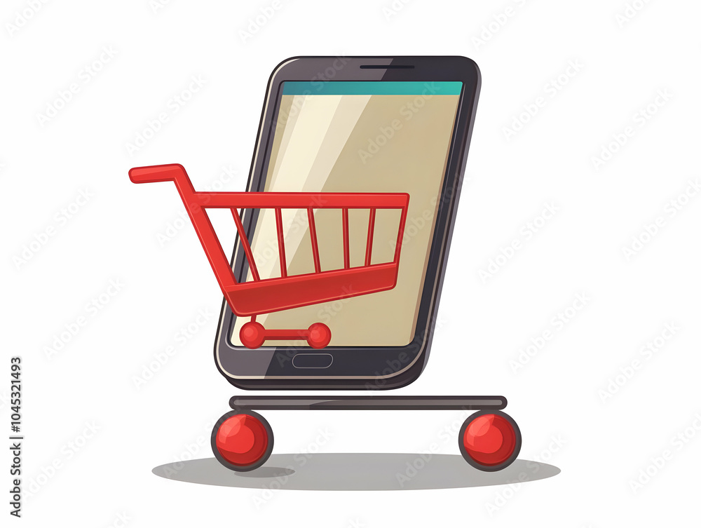 Poster flat levitating smartphone displaying shopping cart icon for mobile commerce concept - high resoluti