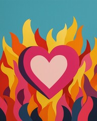 A vibrant, stylized heart surrounded by colorful flames against a blue background, symbolizing passion and intensity.