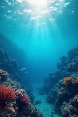 Naklejka premium Coral blue water in the ocean underwater life scene oceanic view
