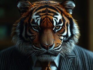 Fototapeta premium Close-up of an anthropomorphic tiger in a pinstripe suit, showcasing strength and determination for sports branding and motivational content. Detailed view of suit and tiger.