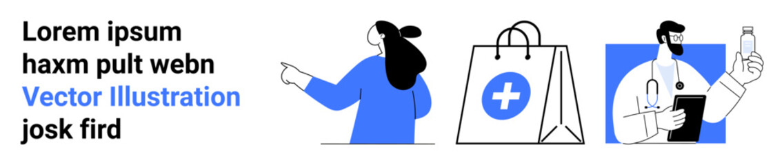 Person pointing to text, a shopping bag with a medical symbol, and a doctor with stethoscope and bottle. Ideal for healthcare, online shopping, medical services, telemedicine, and e-commerce. Banner
