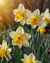 Bright colourful fresh yellow daffodils first flowers delicate background. Celebrating of spring. Floral template.	