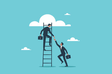 businessman coworker pulling his colleague to climb the ladder of success © Alya Hasna Fatimah