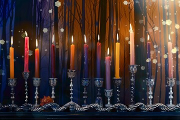 A beautiful  of Hanukkah, featuring an intricately designed hanukkiah  with lit candles and traditional decorations spinning around on the table.