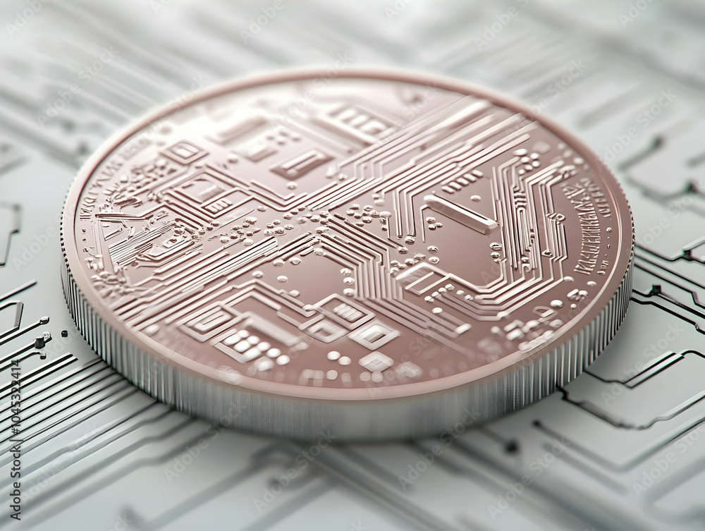 Poster futuristic coin macro shot digital circuitry patterns close up image modern technology finance tradi