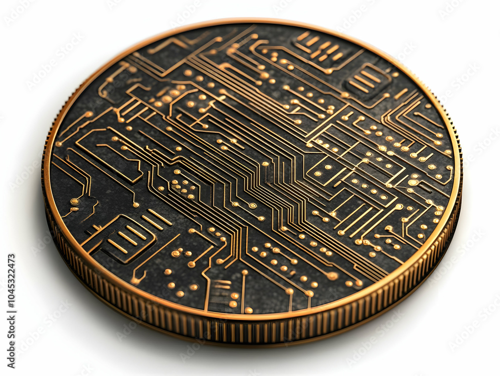 Aufkleber futuristic coin macro shot with digital circuitry patterns close-up, stunning intricate design illus