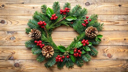 Christmas wreath with holly berries and pine cones