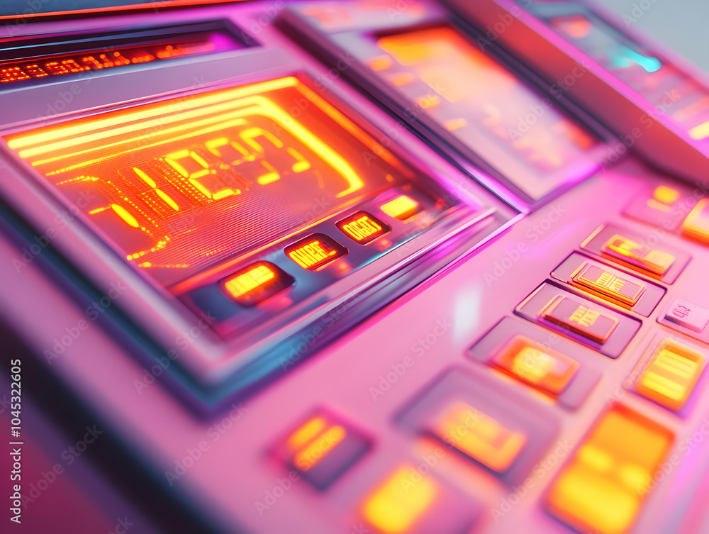 Poster futuristic currency exchange machine macro shot with glowing elements and digital displays, advanced